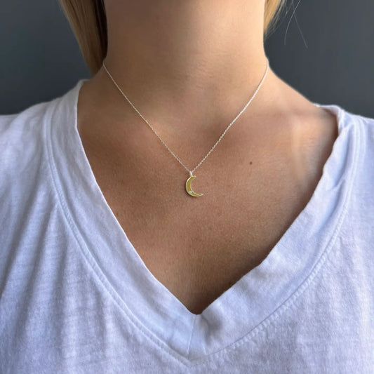 14k Gold Crescent Moon + Diamond Pendant Necklace on Silver Chain