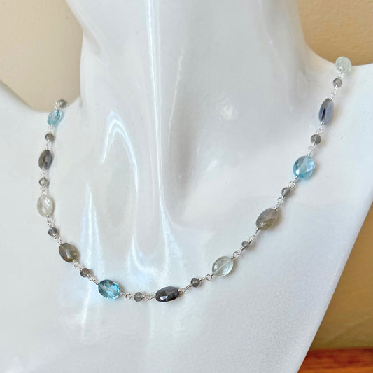 Blue Topaz, Aquamarine + Labradorite Beaded Station Necklace - Sterling Silver