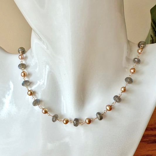 Labradorite + Champagne Pearl Station Necklace - Gold Fill