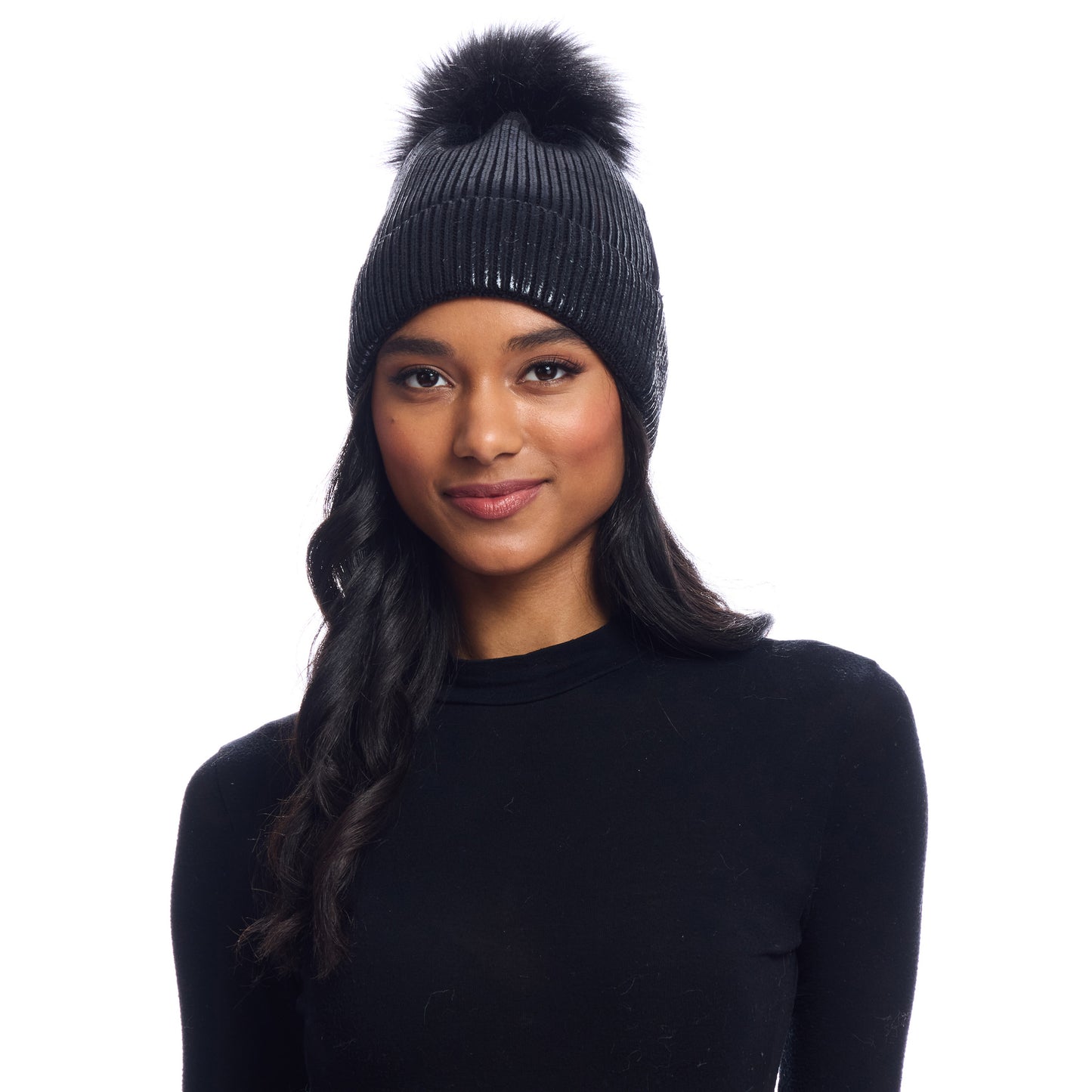 Metallic Knit Faux Fur Pom Hat - Black