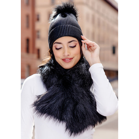 Metallic Knit Faux Fur Pom Hat - Black