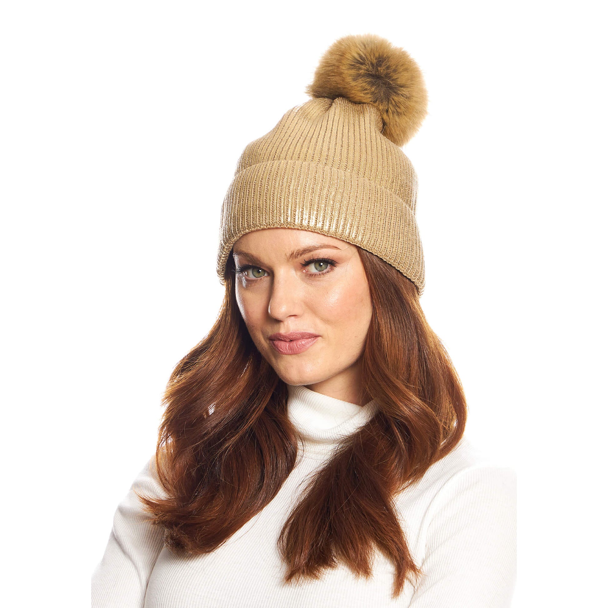 Metallic Knit Faux Fur Pom Hat - Gold