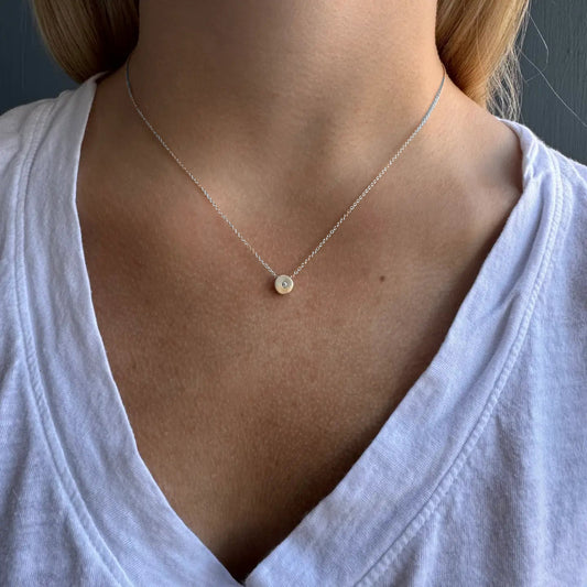 14k Gold Tiny Disc + Diamond Charm Necklace on Silver Chain