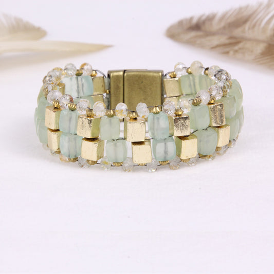 Chalcedony + Brushed Gold Cubes Bracelet with Rutilated Quartz