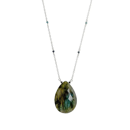 Faceted Labradorite Gemstone on Beaded Chain Necklace - Sterling Silver