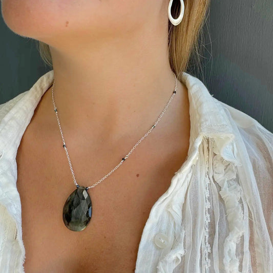 Faceted Labradorite Gemstone on Beaded Chain Necklace - Sterling Silver