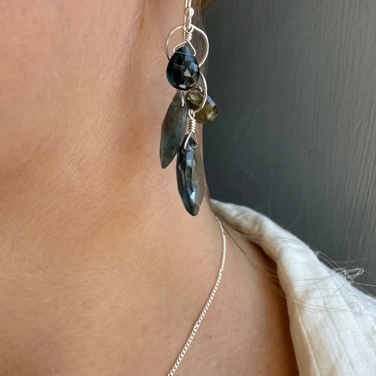 Labradorite, Kyanite + Blue Topaz Cluster Earrings - Sterling Silver