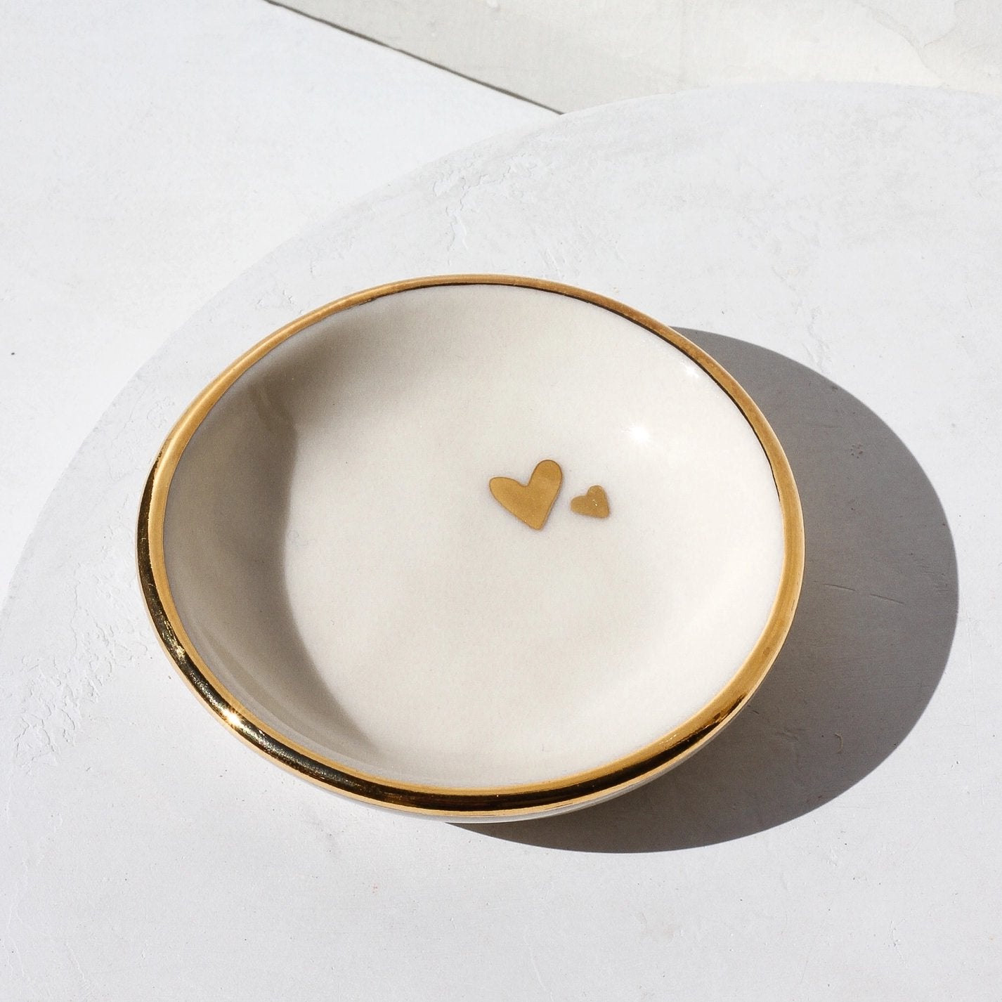 Handmade Porcelain Double Heart Ring Dish with 22k Gold Accents