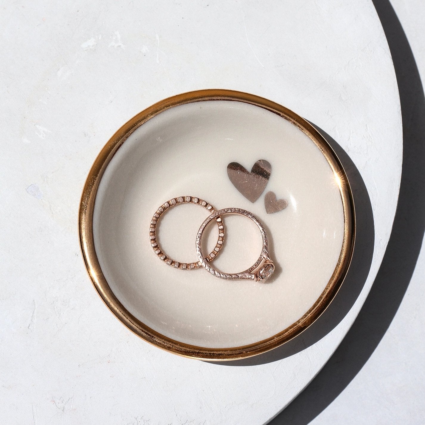 Handmade Porcelain Double Heart Ring Dish with 22k Gold Accents