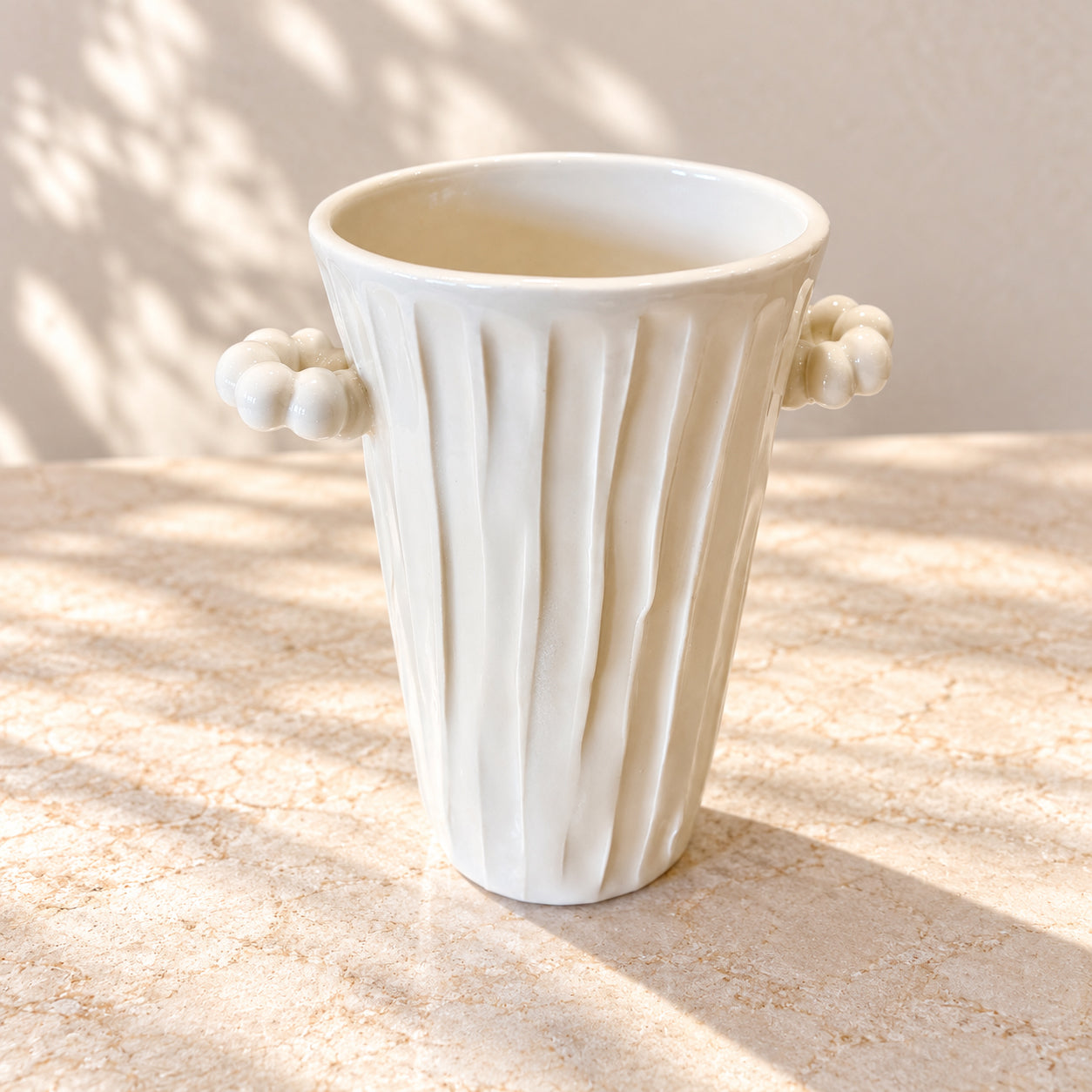 Fluted Porcelain Vase with Bubble Handles – Ivory White