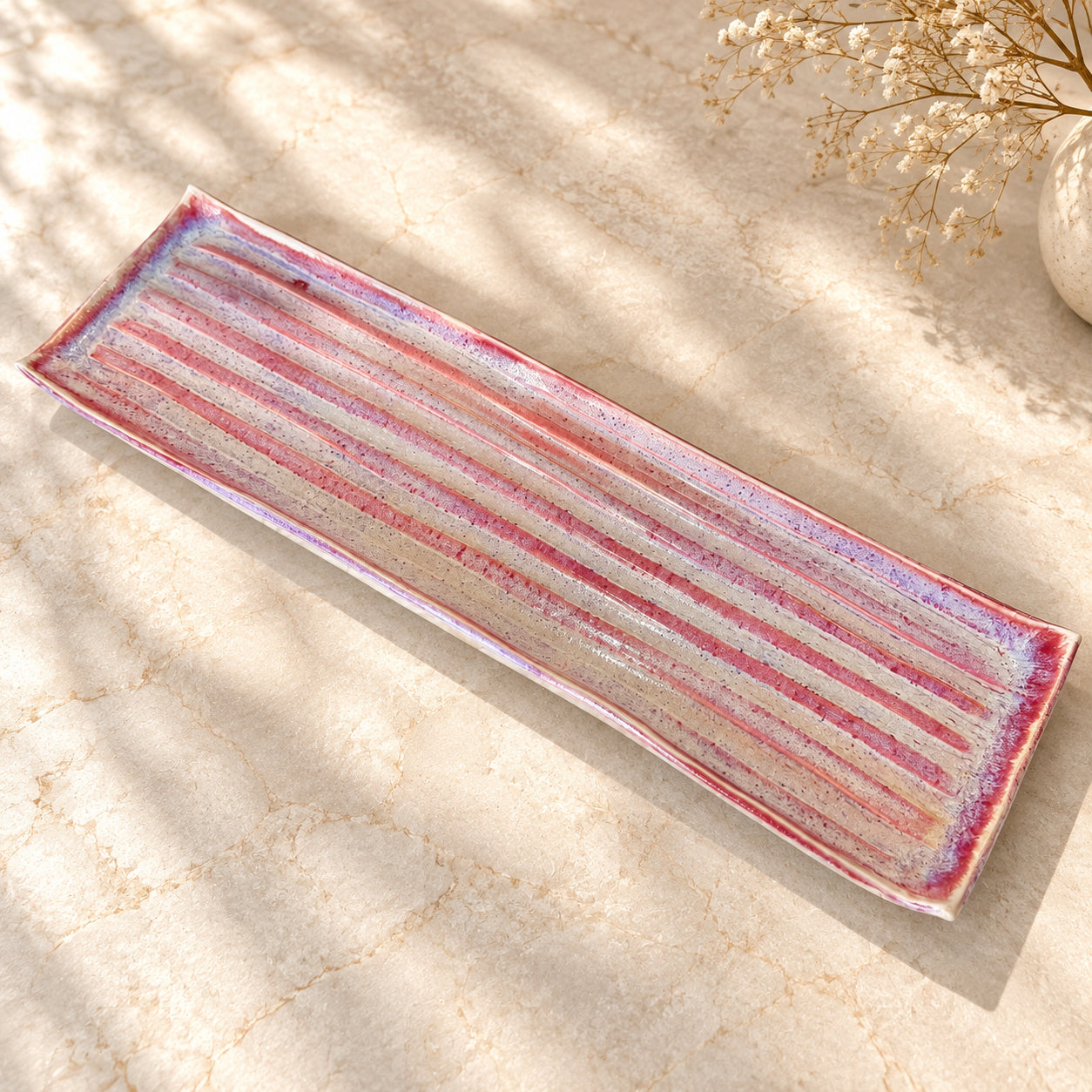 Long Ribbed Porcelain Serving Tray – Pink Opal