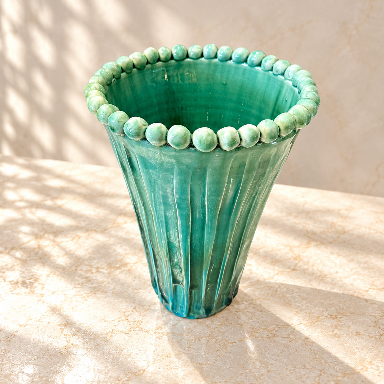 Fluted Porcelain Vase with Beaded Edge – Verdigris