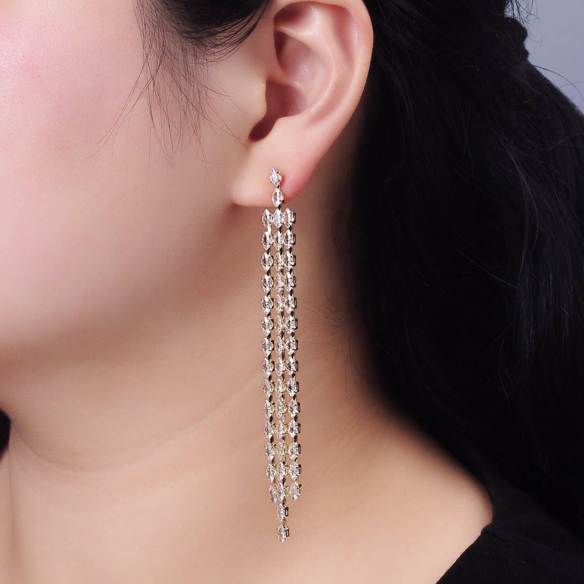 CZ Marquise Triple Lined Drop Stud Earrings (select material)