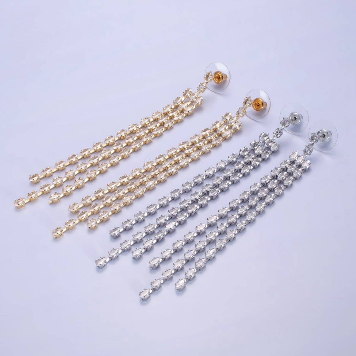 CZ Marquise Triple Lined Drop Stud Earrings (select material) Rhodium Plated