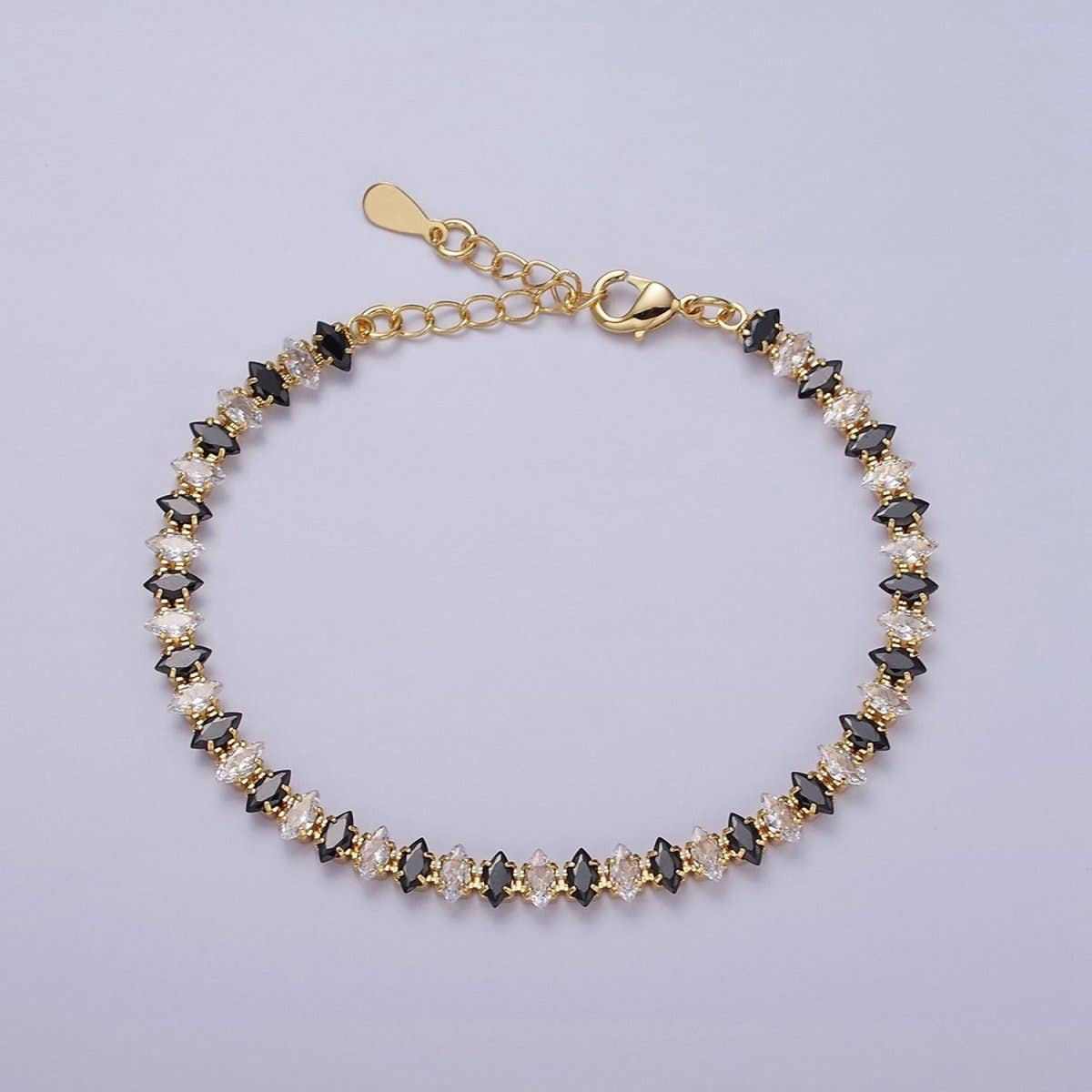 Black + White CZ Marquise Tennis Bracelet - Gold Filled