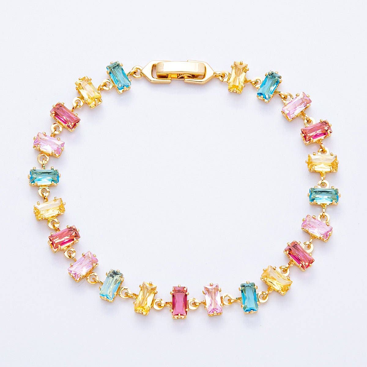 Multicolor Pastel CZ Baguette Tennis Bracelet - Gold Filled