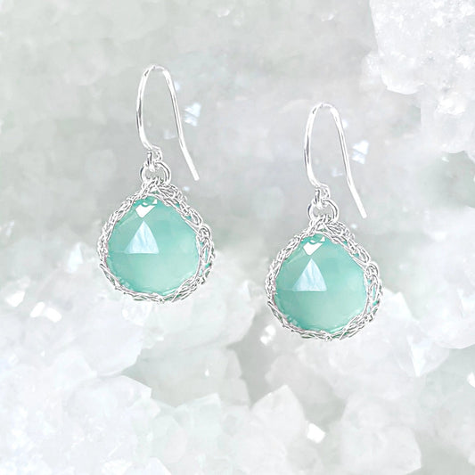 Hand-Crocheted Small Aqua Chalcedony Teardrop Earrings - Sterling Silver