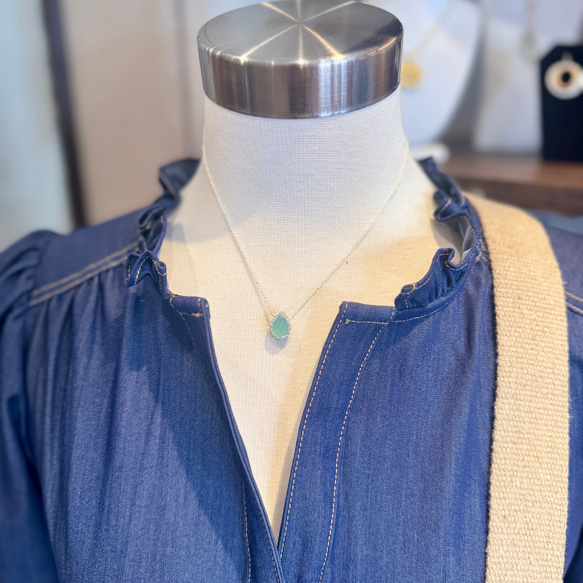 Hand-Crocheted Small Aqua Chalcedony Teardrop Pendant Necklace - Sterling Silver