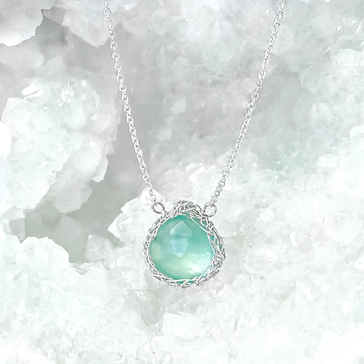 Hand-Crocheted Small Aqua Chalcedony Teardrop Pendant Necklace - Sterling Silver