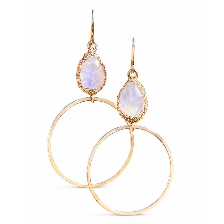 Hand-Crocheted Rainbow Moonstone ‘Sierra’ Hoop Earrings - Gold Filled