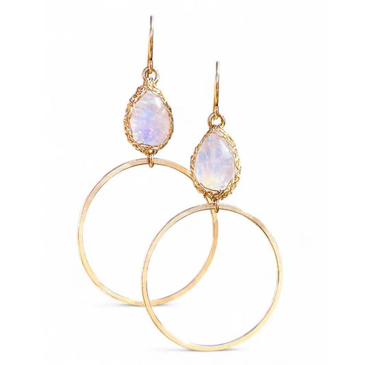 Hand-Crocheted Rainbow Moonstone ‘Sierra’ Hoop Earrings - Gold Filled