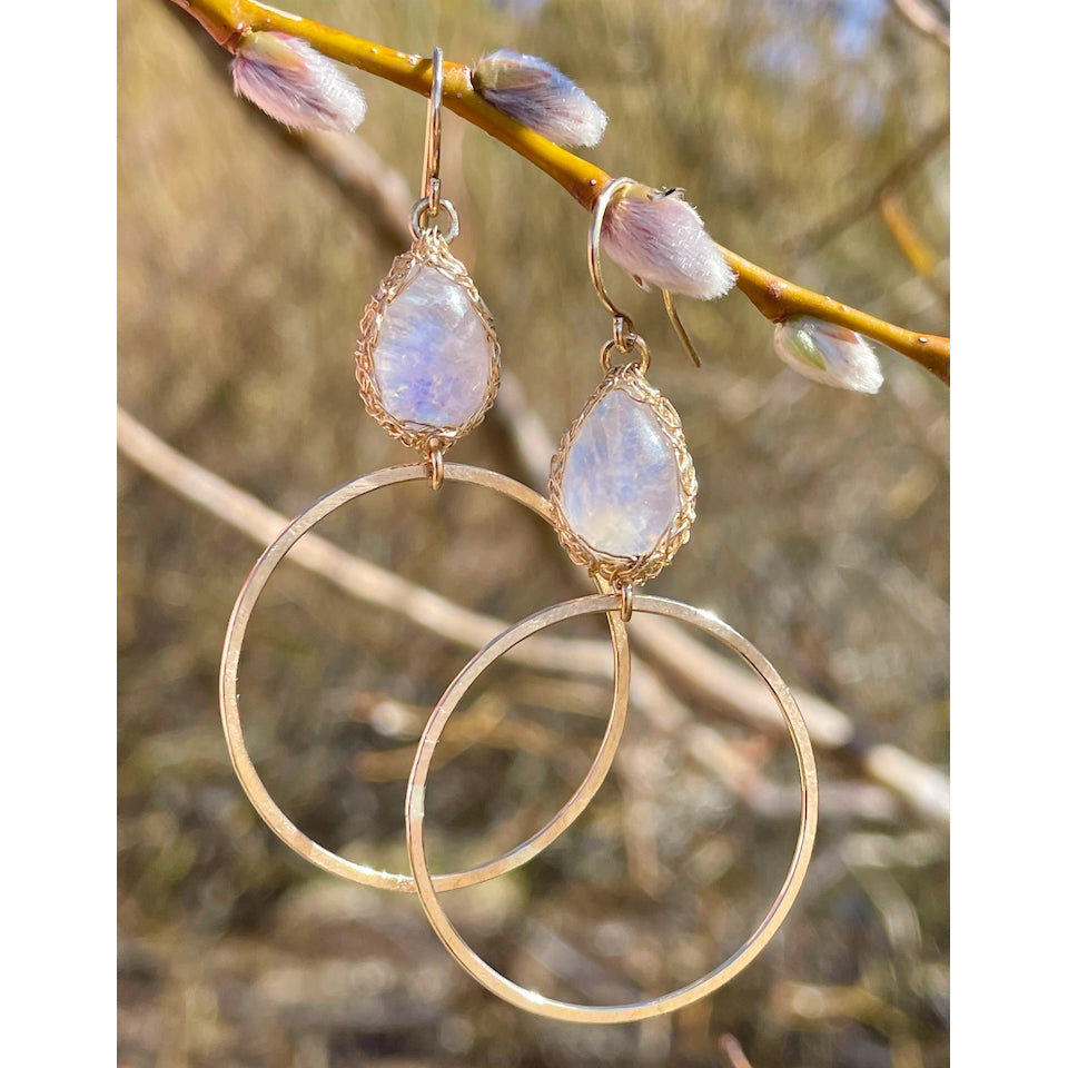 Hand-Crocheted Rainbow Moonstone ‘Sierra’ Hoop Earrings - Gold Filled