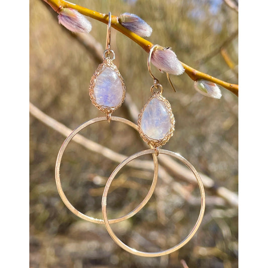 Hand-Crocheted Rainbow Moonstone ‘Sierra’ Hoop Earrings - Gold Filled