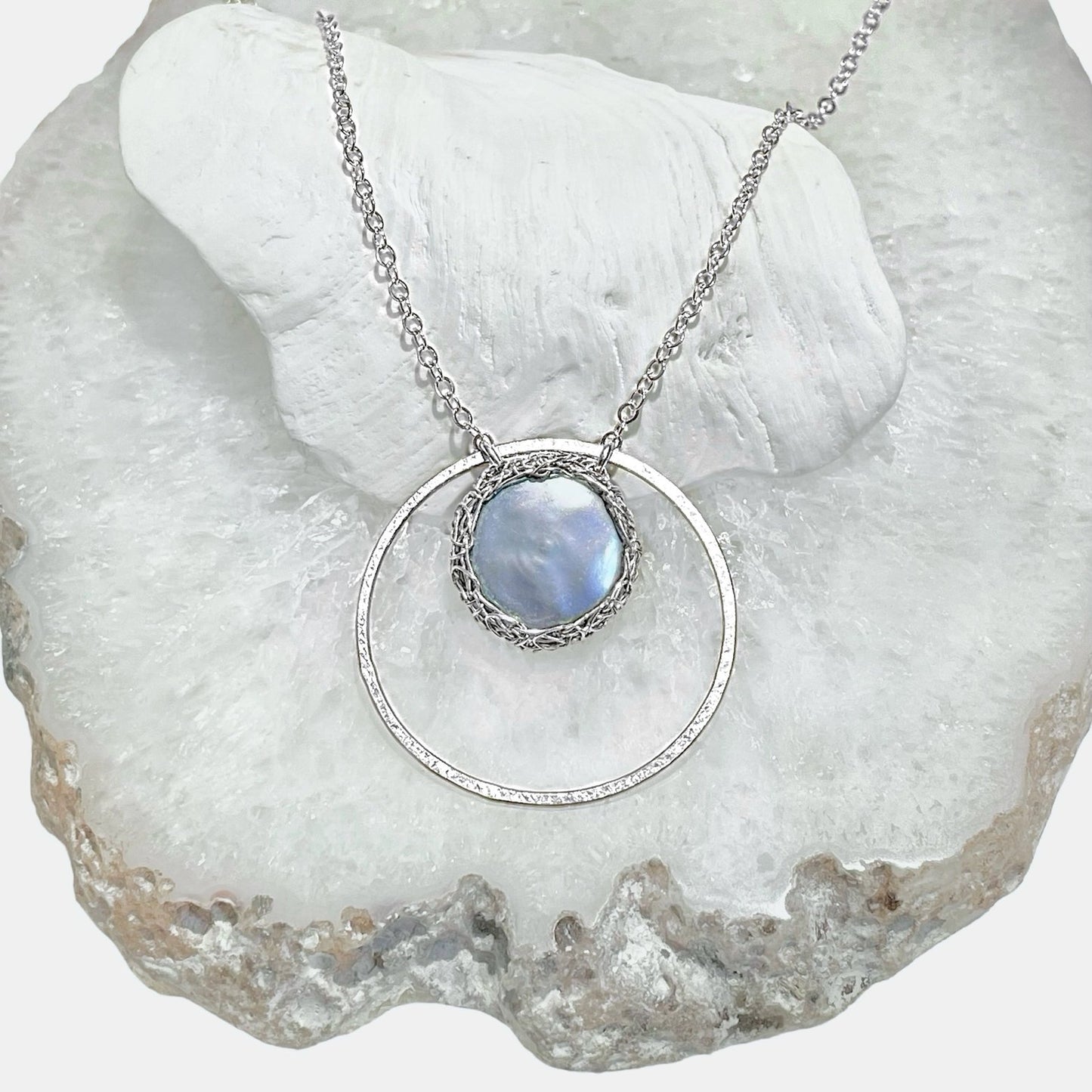 Hand-Crocheted Peacock Pearl Hoop Pendant Necklace - Sterling Silver