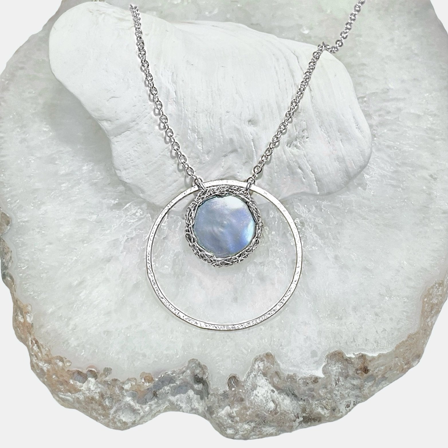 Hand-Crocheted Peacock Pearl Hoop Pendant Necklace - Sterling Silver