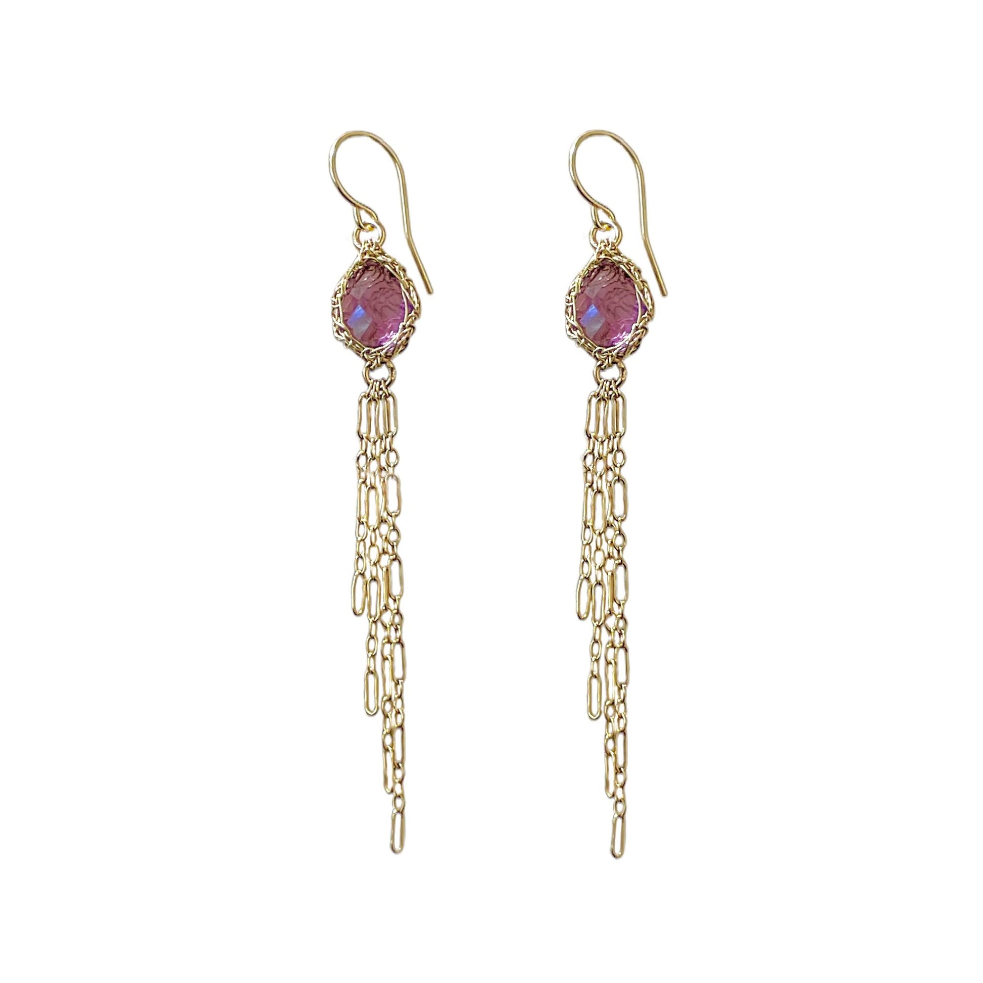 Hand-Crocheted Amethyst ‘Boho Chain’ Drop Earrings - Gold Filled