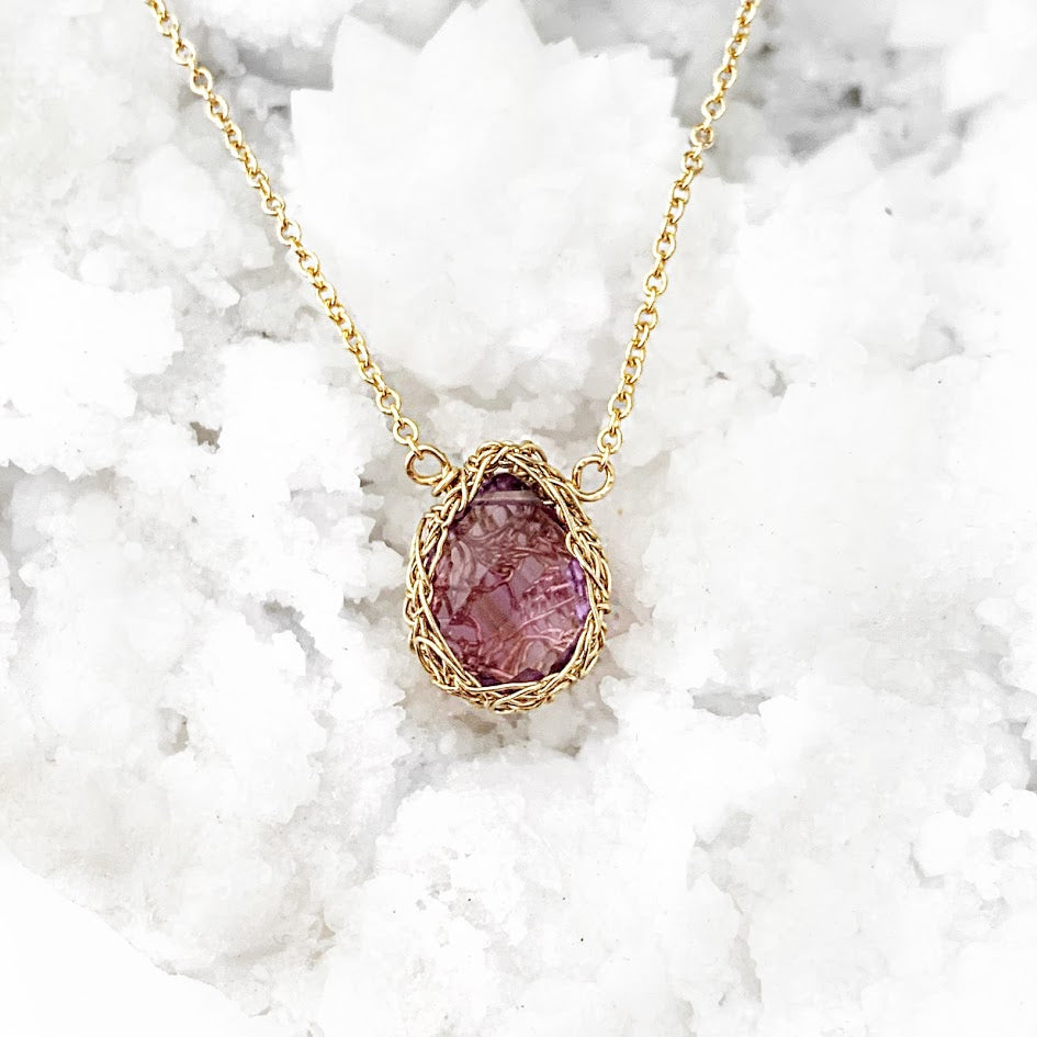 Hand-Crocheted Small Amethyst Pendant Necklace - Gold Filled