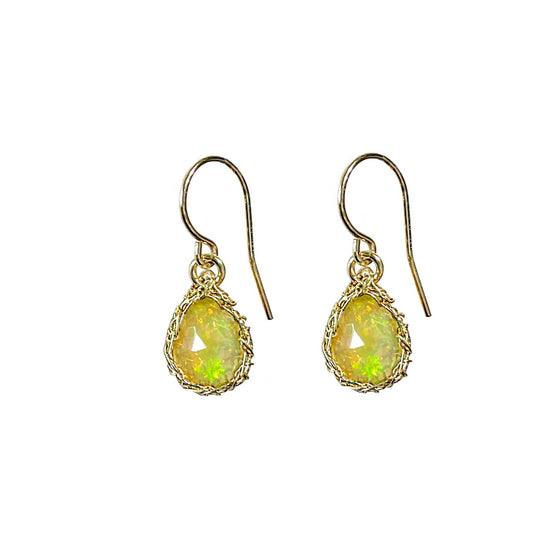 Hand-Crocheted Small Welo Opal Teardrop Earrings - Gold Filled