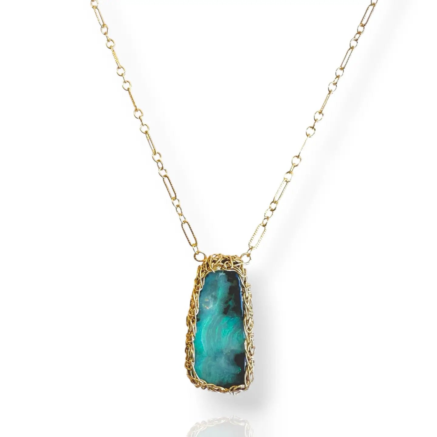 Hand-Crocheted Australian Boulder Opal Linear Pendant Necklace - Gold Filled