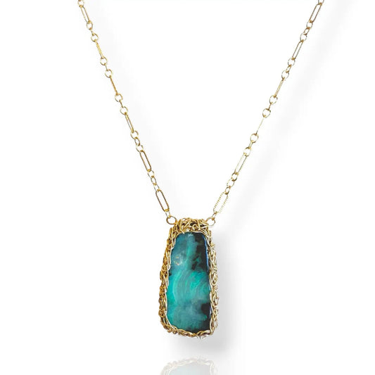 Hand-Crocheted Australian Boulder Opal Linear Pendant Necklace - Gold Filled