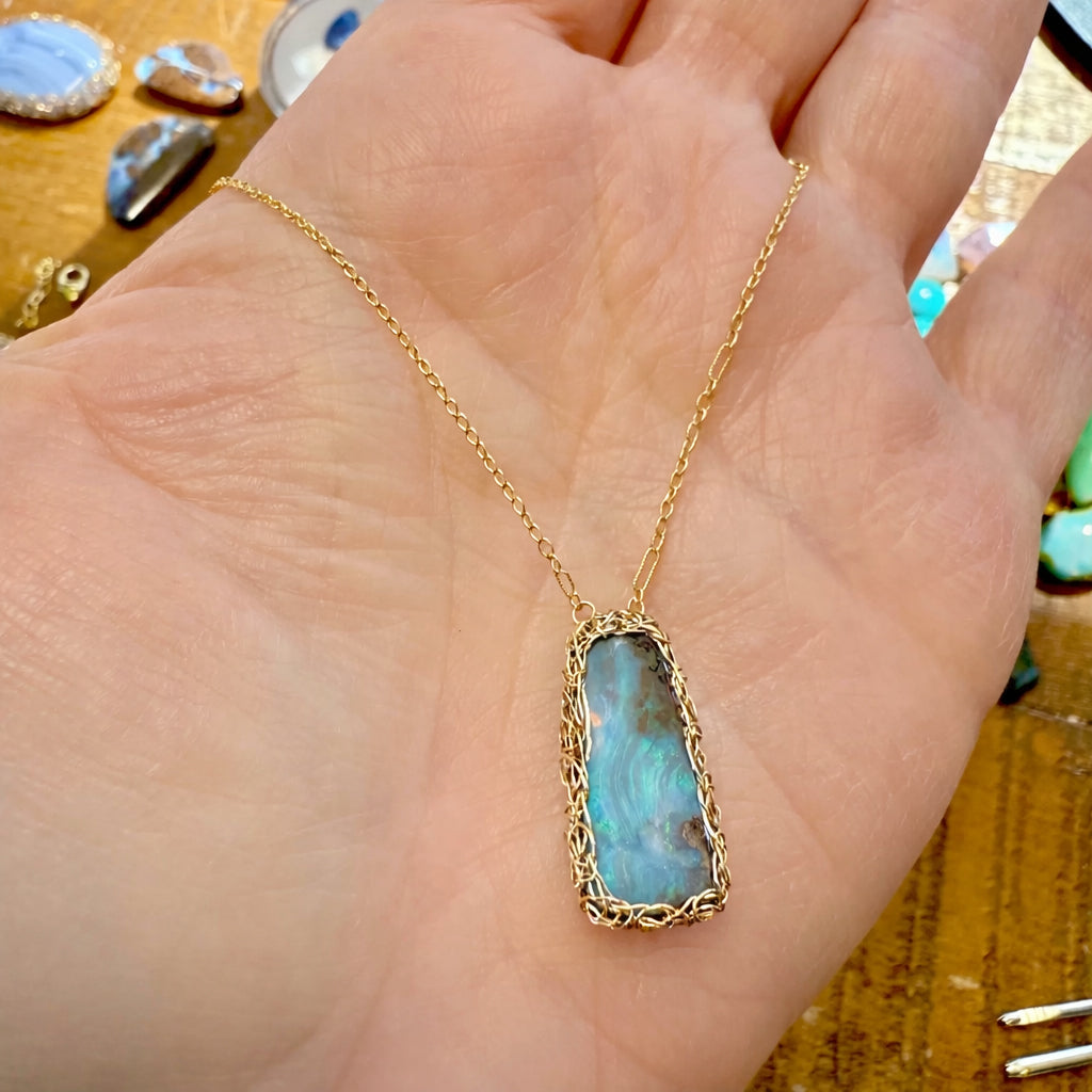 Hand-Crocheted Australian Boulder Opal Linear Pendant Necklace - Gold Filled
