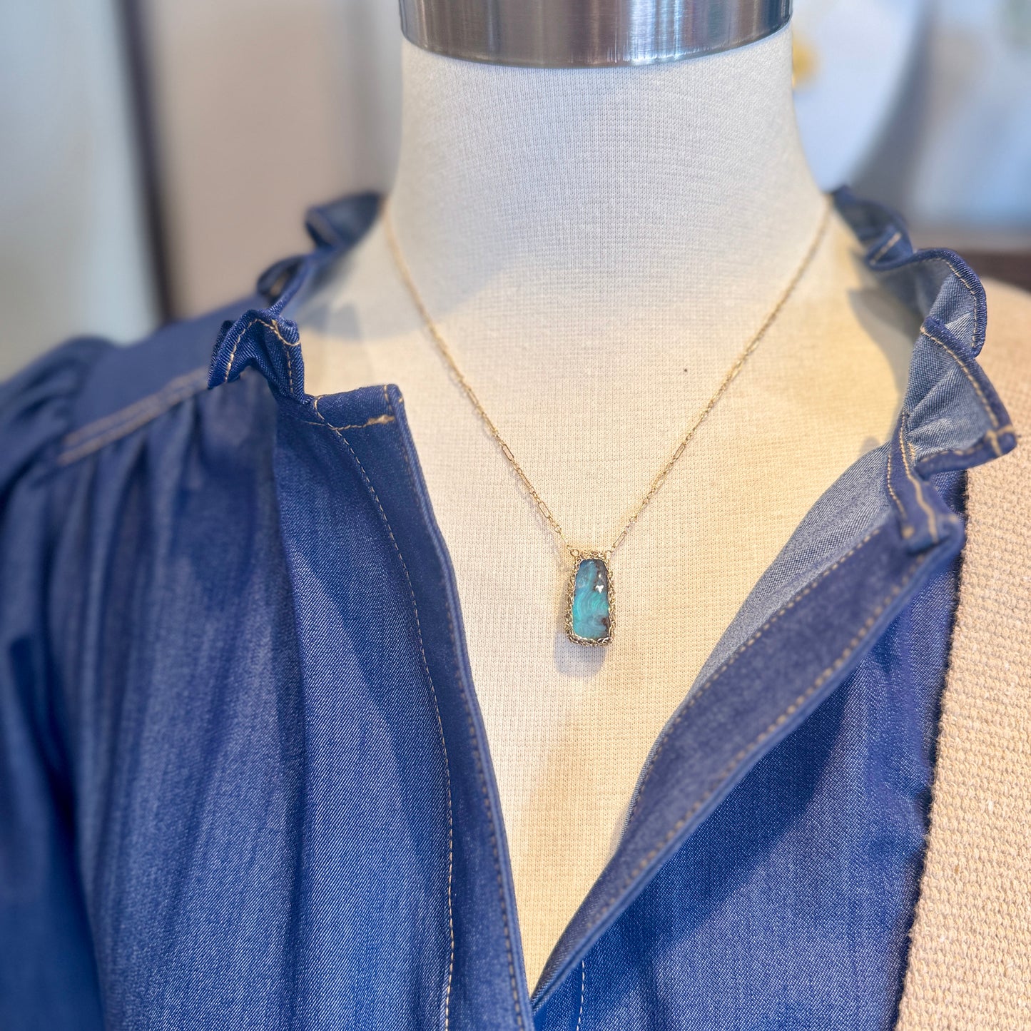 Hand-Crocheted Australian Boulder Opal Linear Pendant Necklace - Gold Filled