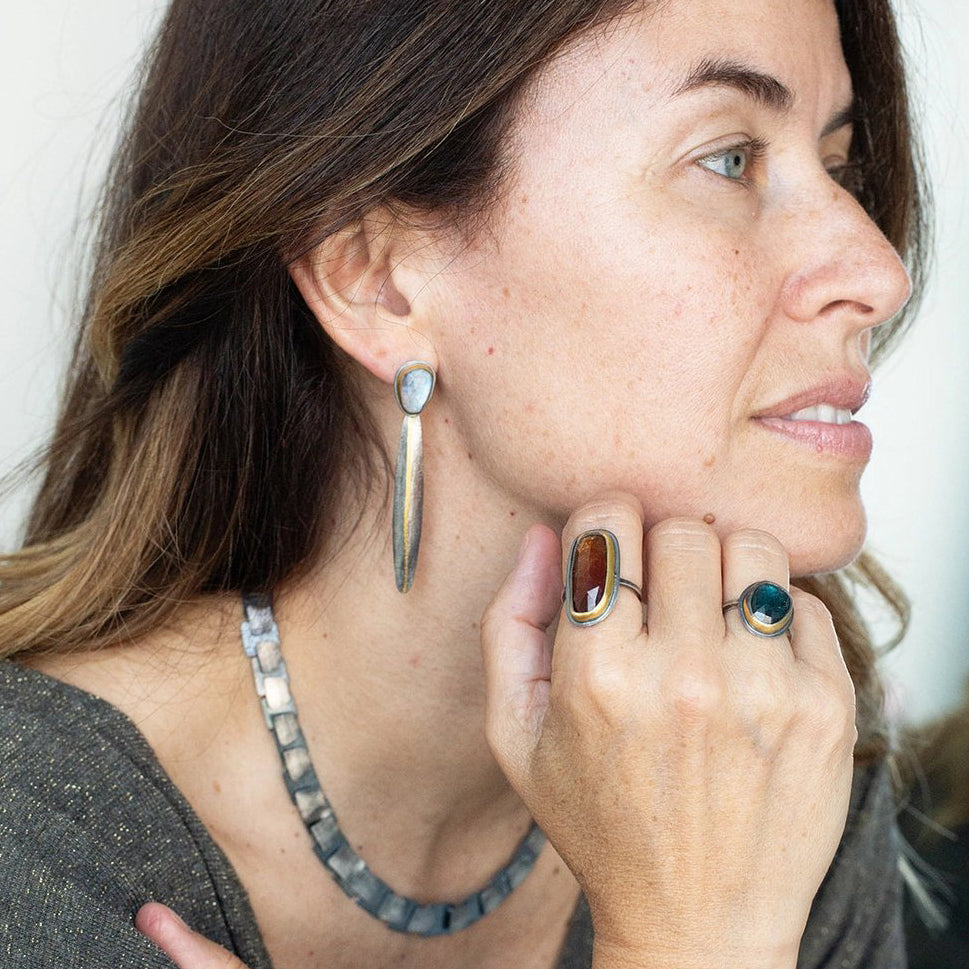 Mixed-Metal 'Split Reed' Post Earrings with Moonstone