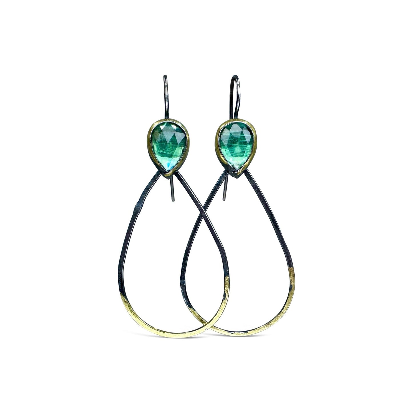 Mixed-Metal Long Teardrop ‘Rim Dangle’ Earrings with Green Kyanite