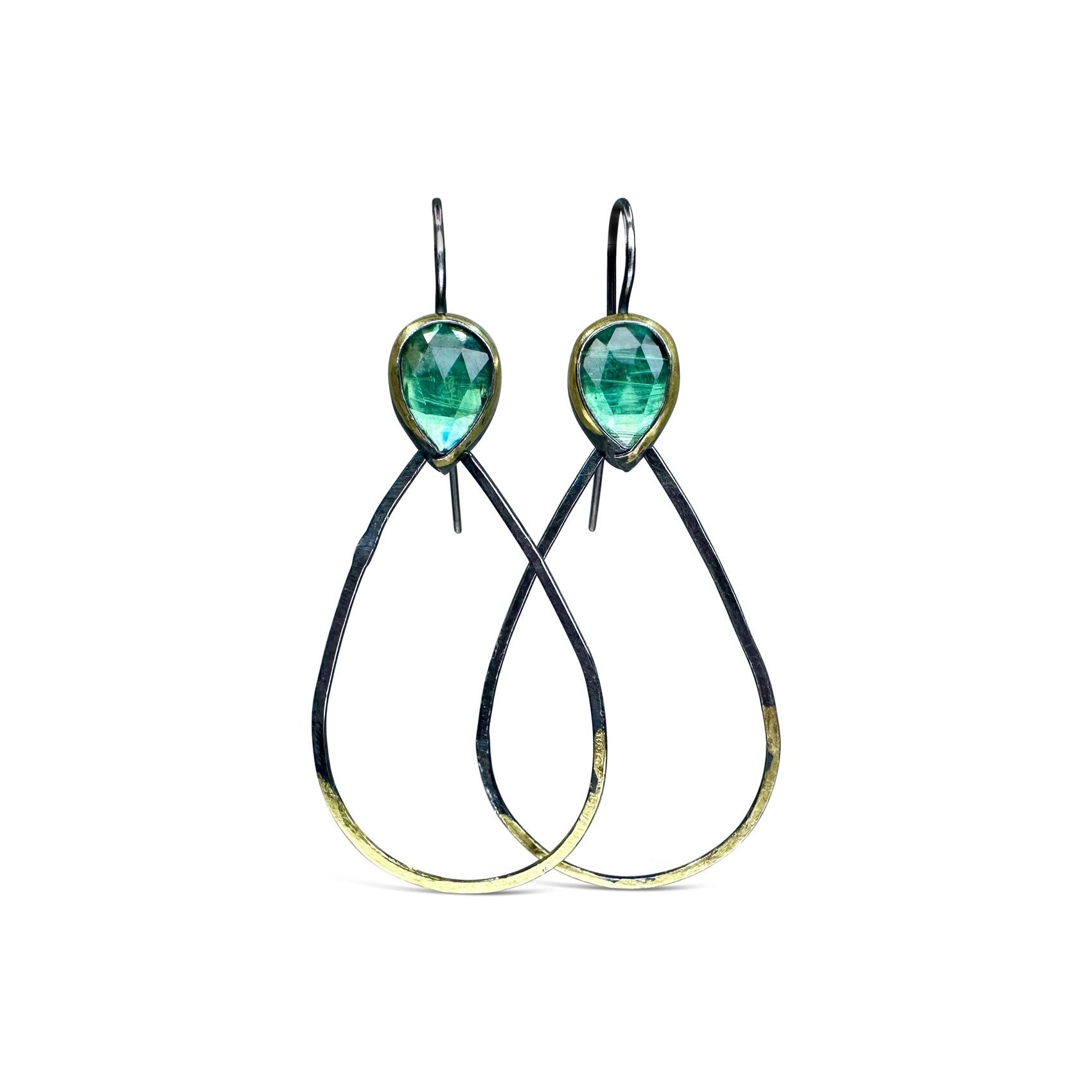 Mixed-Metal Long Teardrop ‘Rim Dangle’ Earrings with Green Kyanite