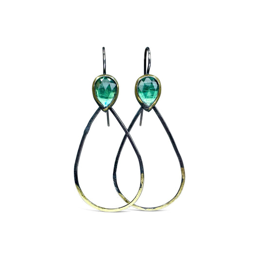 Mixed-Metal Long Teardrop ‘Rim Dangle’ Earrings with Green Kyanite