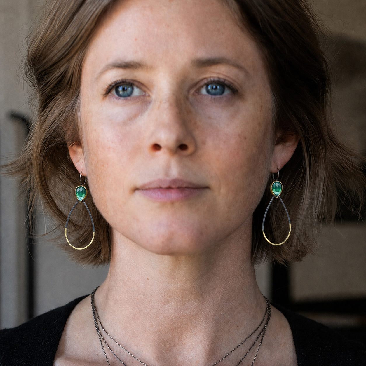 Mixed-Metal Long Teardrop ‘Rim Dangle’ Earrings with Green Kyanite