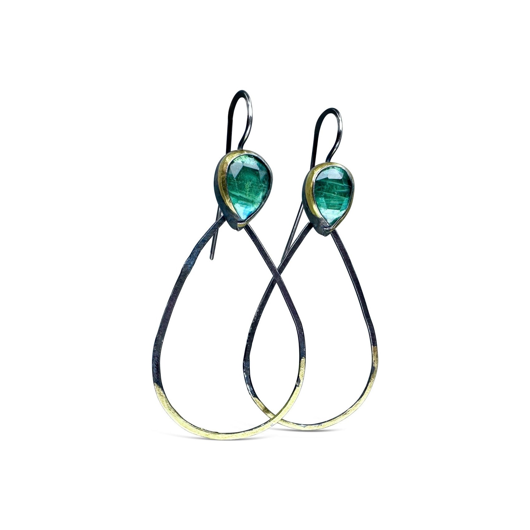 Mixed-Metal Long Teardrop ‘Rim Dangle’ Earrings with Green Kyanite