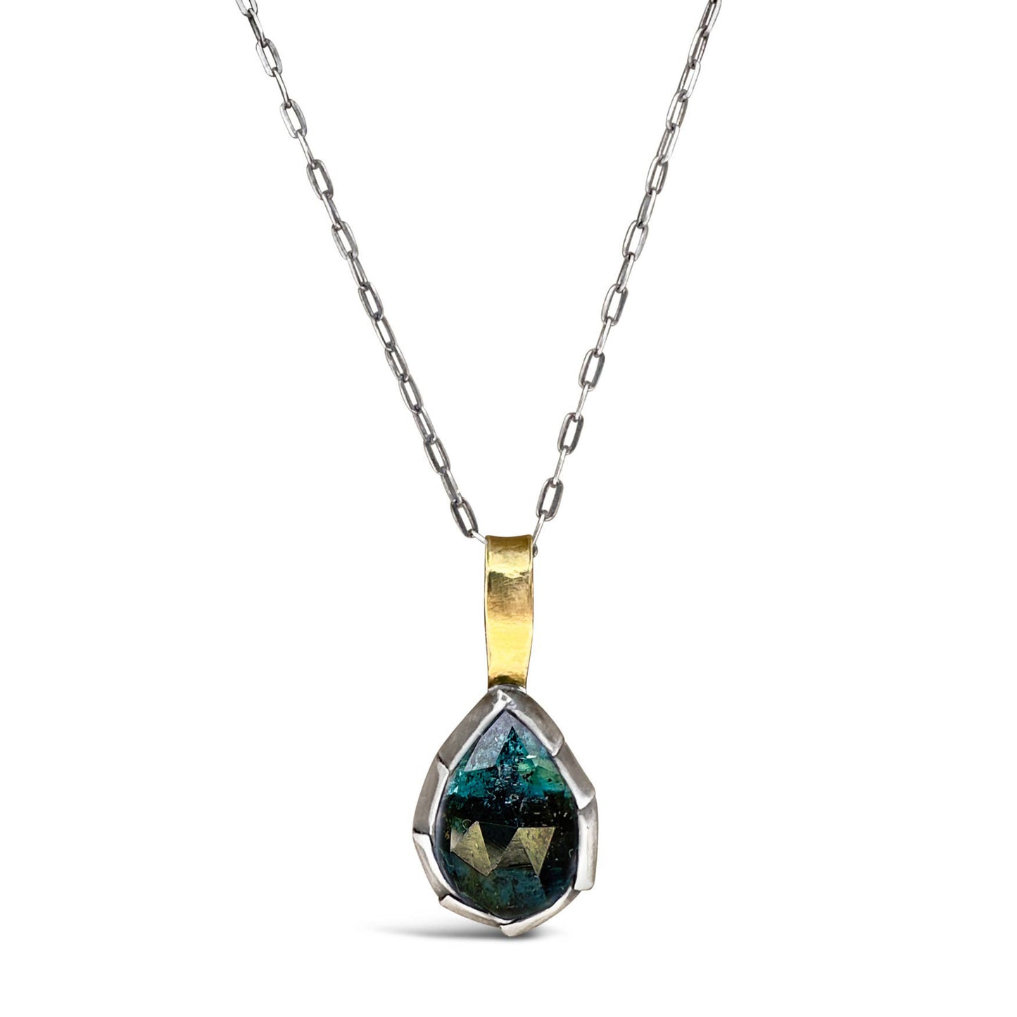 Mixed Metal ‘Teardrop Fold’ Pendant Necklace with Teal Moss Kyanite