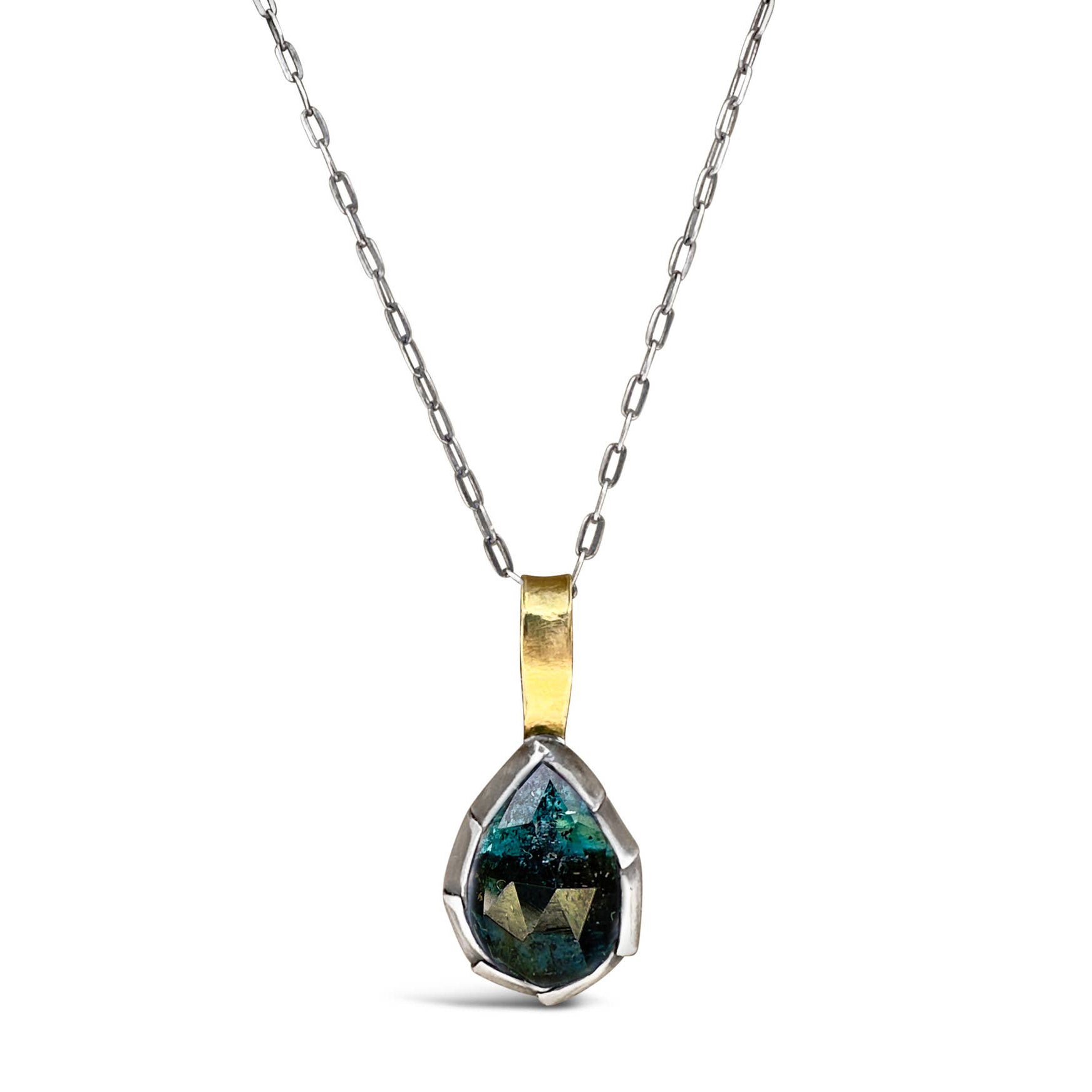 Mixed Metal ‘Teardrop Fold’ Pendant Necklace with Teal Moss Kyanite