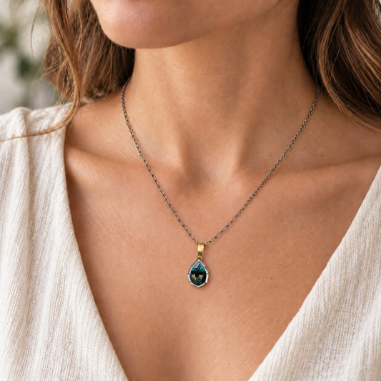 Mixed Metal ‘Teardrop Fold’ Pendant Necklace with Teal Moss Kyanite