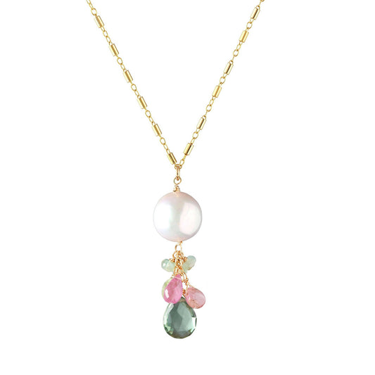 White Pearl + Multicolor Tourmaline Pendant Necklace