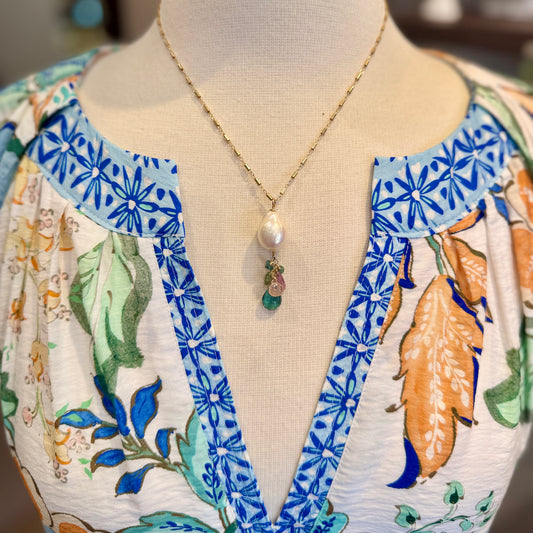 White Pearl + Multicolor Tourmaline Pendant Necklace