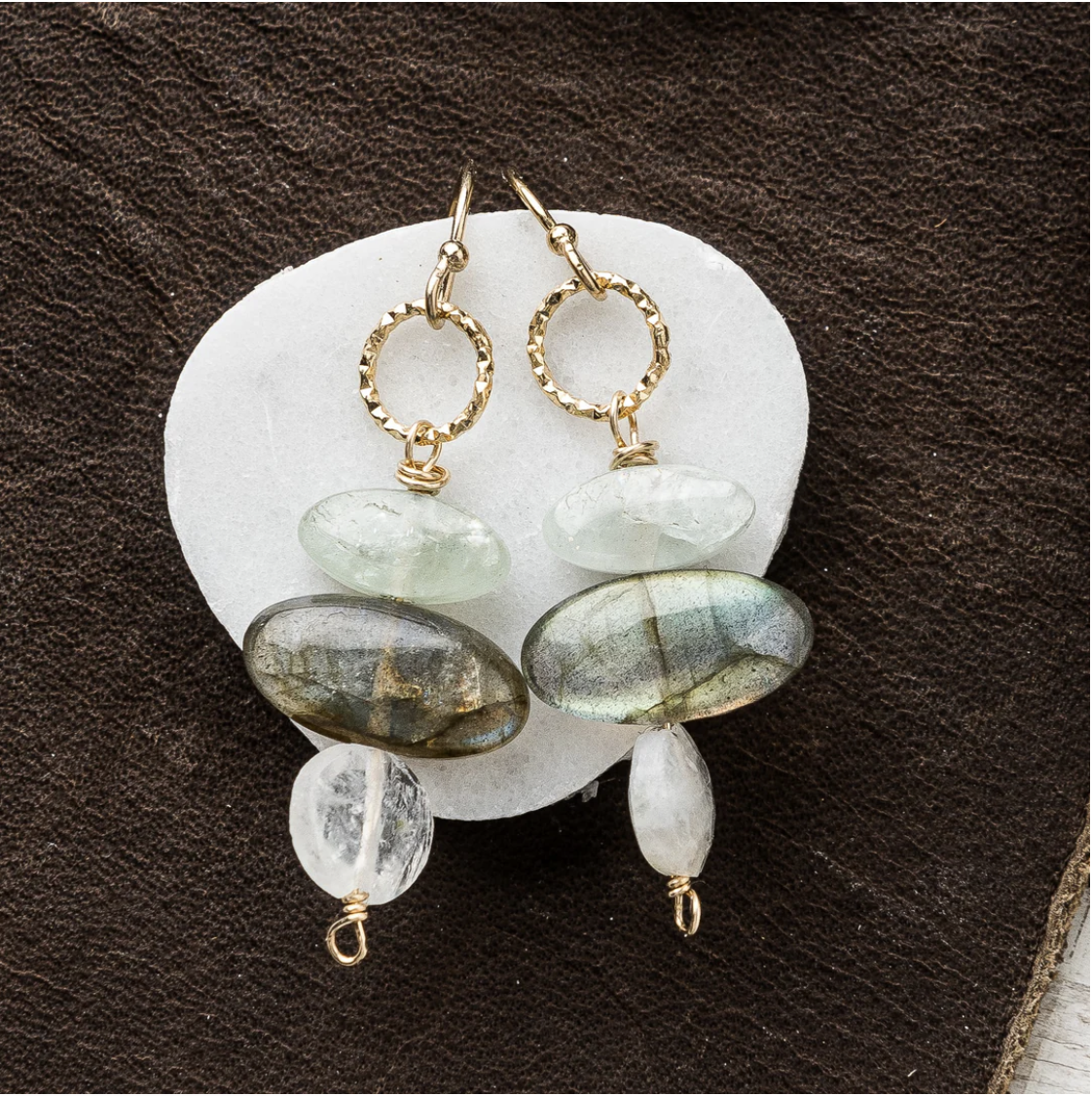 Aquamarine, Labradorite + Moonstone Stack Earrings