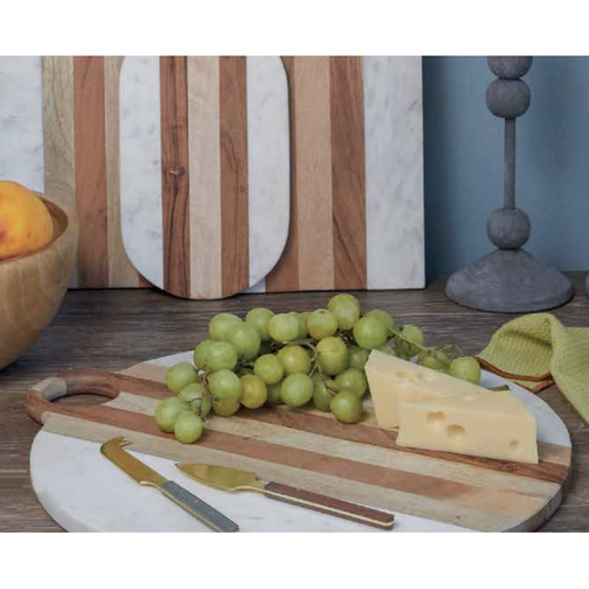 White Marble + Wood Round Charcuterie Board with Handle