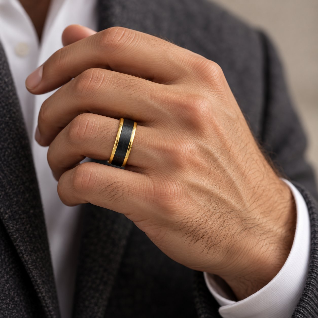 Men's Black + Gold Tungsten Band Ring